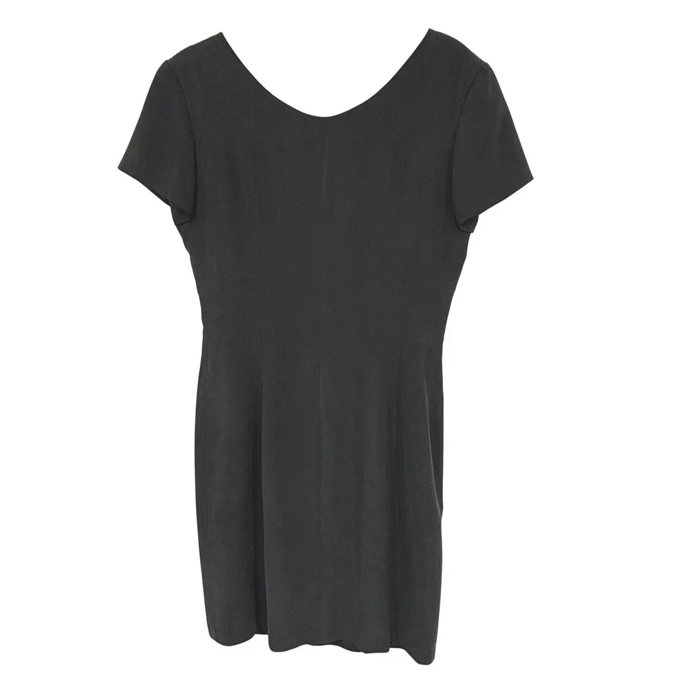 New York Studio Button Front Dress Womens 6 Black Good 100% Silk V-Neck Vintage - Picture 2 of 9
